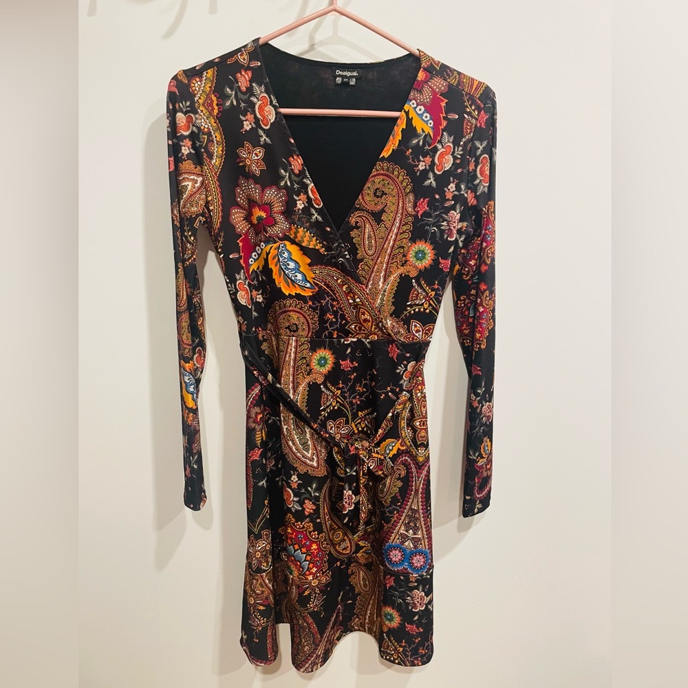 Desigual Black Paisley Wrap-Style Long Sleeve Dress with Multicolor Accents